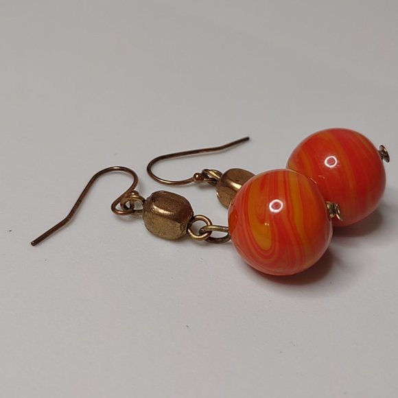 Vintage Heavy Orange Ceramic Bead Dangle Earrings - Picture 4 of 8
